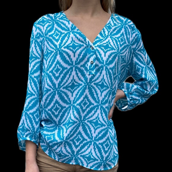Banana Republic blouse 3/4 sleeve v-neck blue white print Small - Picture 1 of 14